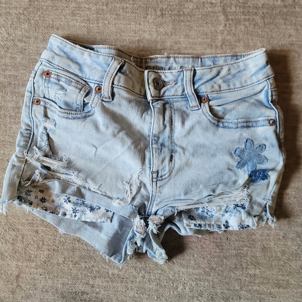 American Eagle Ne(x)t Level Stretch Floral Distressed Denim Shorts Light Wash 2